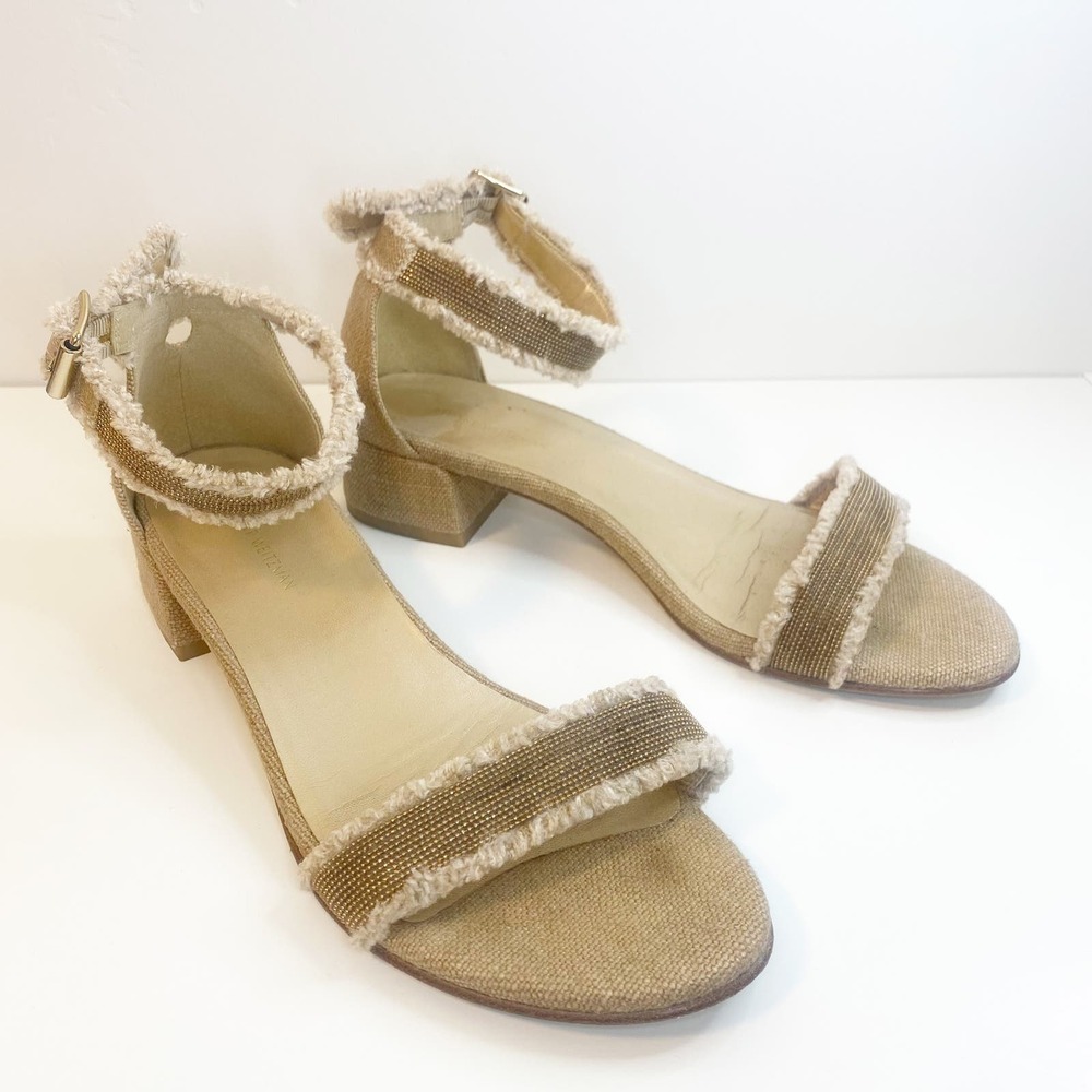 Stuart Weitzman Beige Tweed Nudistchains  Low Block Heel Sandals 9